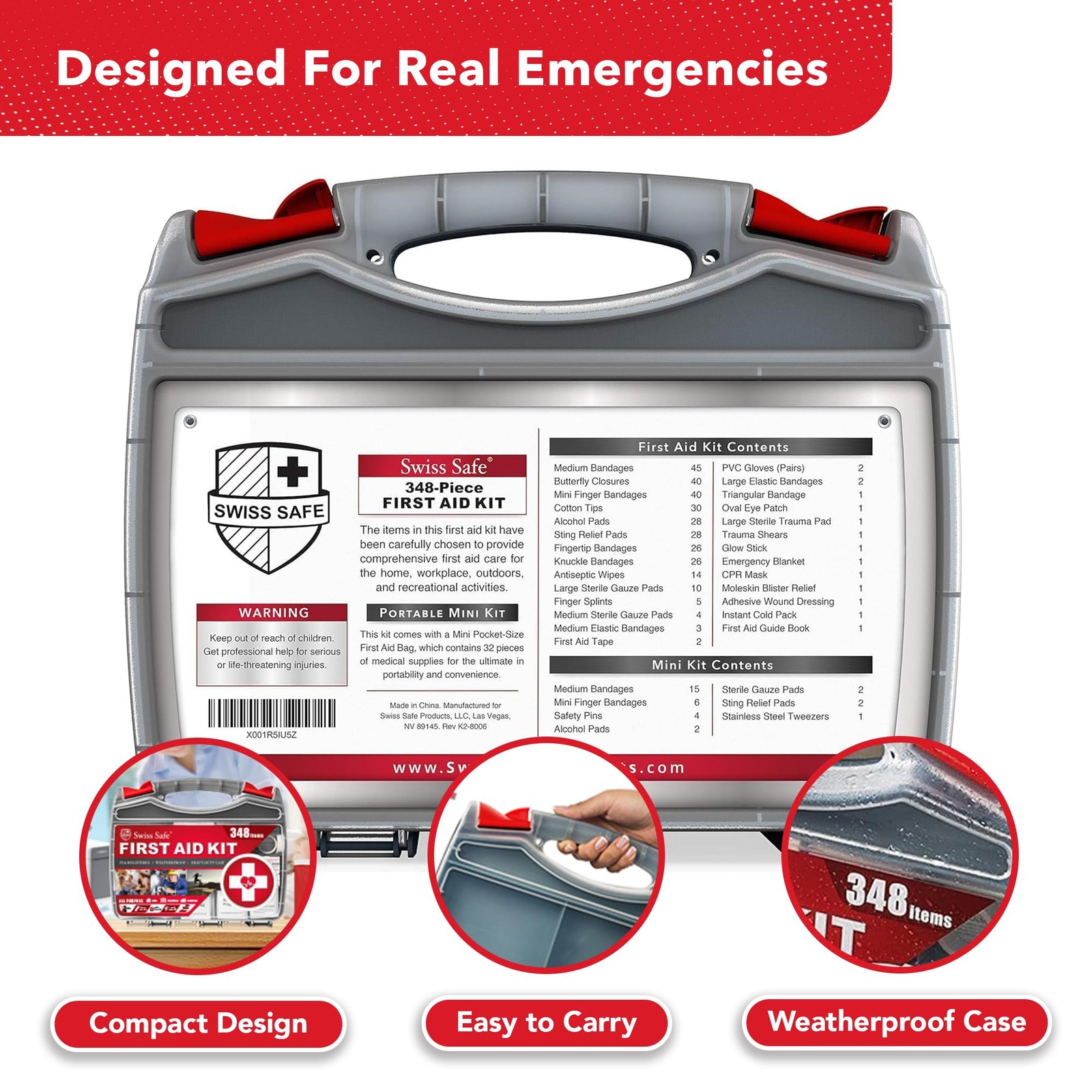 Swiss Safe 2-in-1 First Aid Kit for Car, Travel & 1 Pack, Large Hardcase