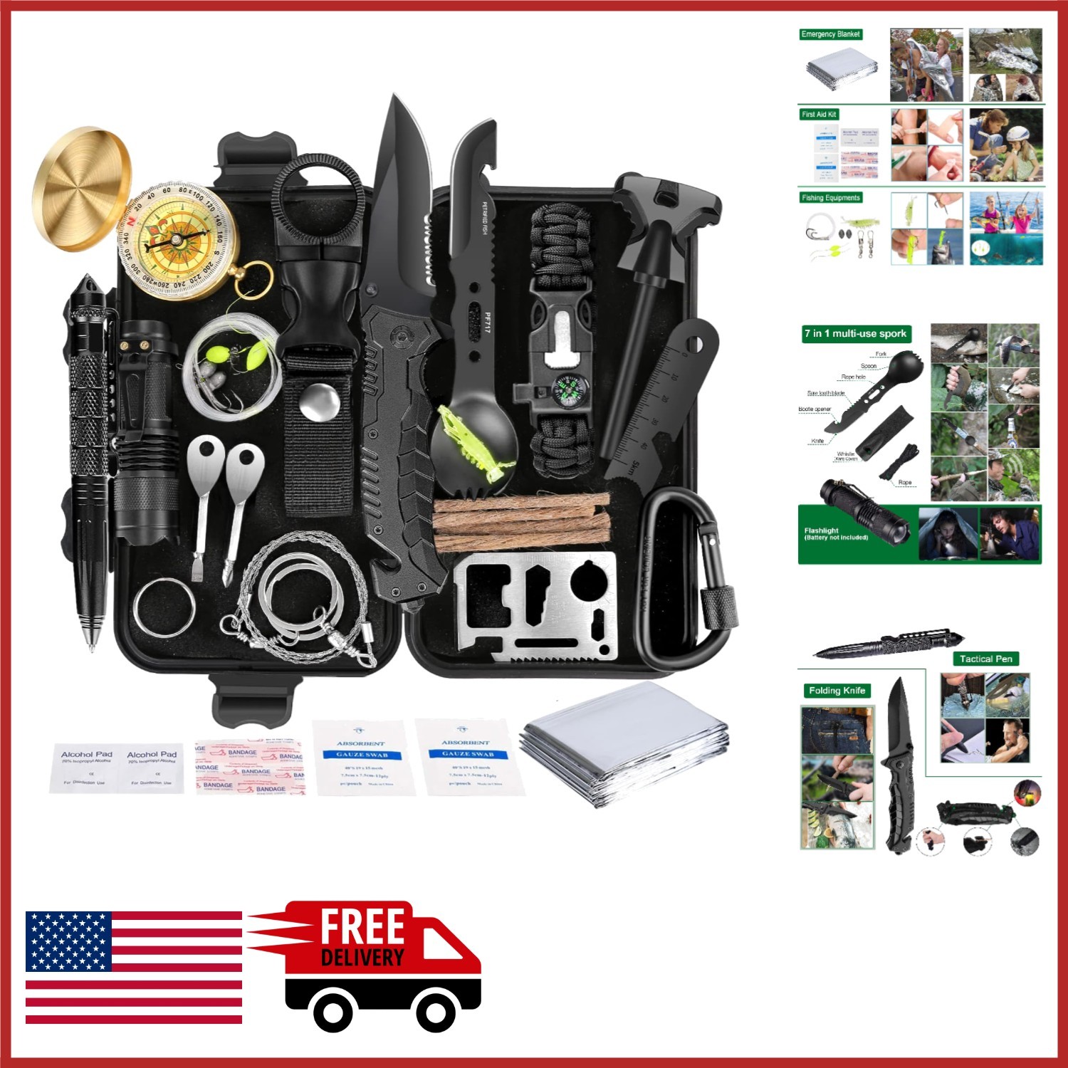 Compact 35 in 1 Survival Kit for Men Lightweight First Aid Gear for Outdoors