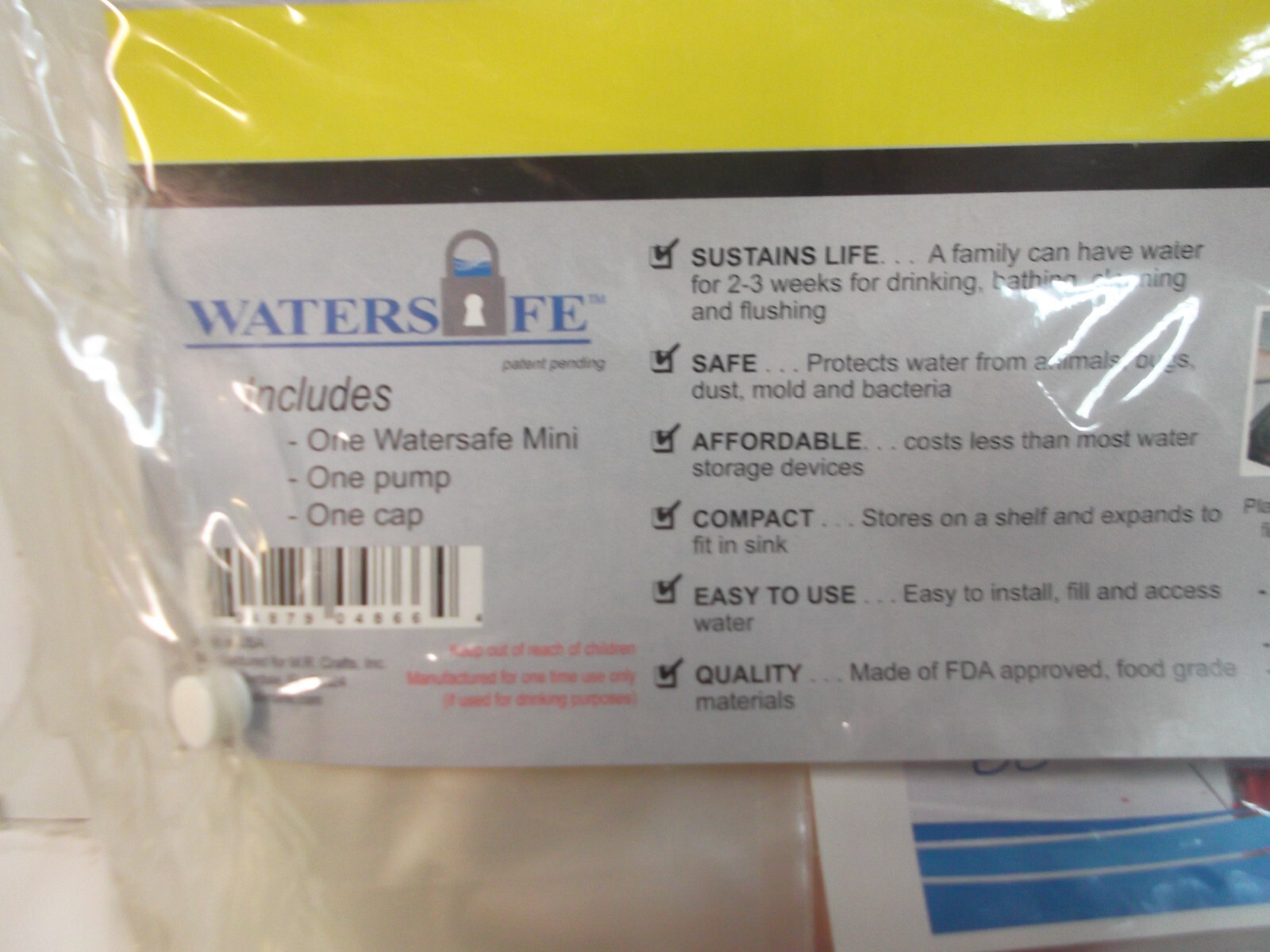 WATERSAFE MINI KEEPS EMERGENCY WATER SECURE NIP