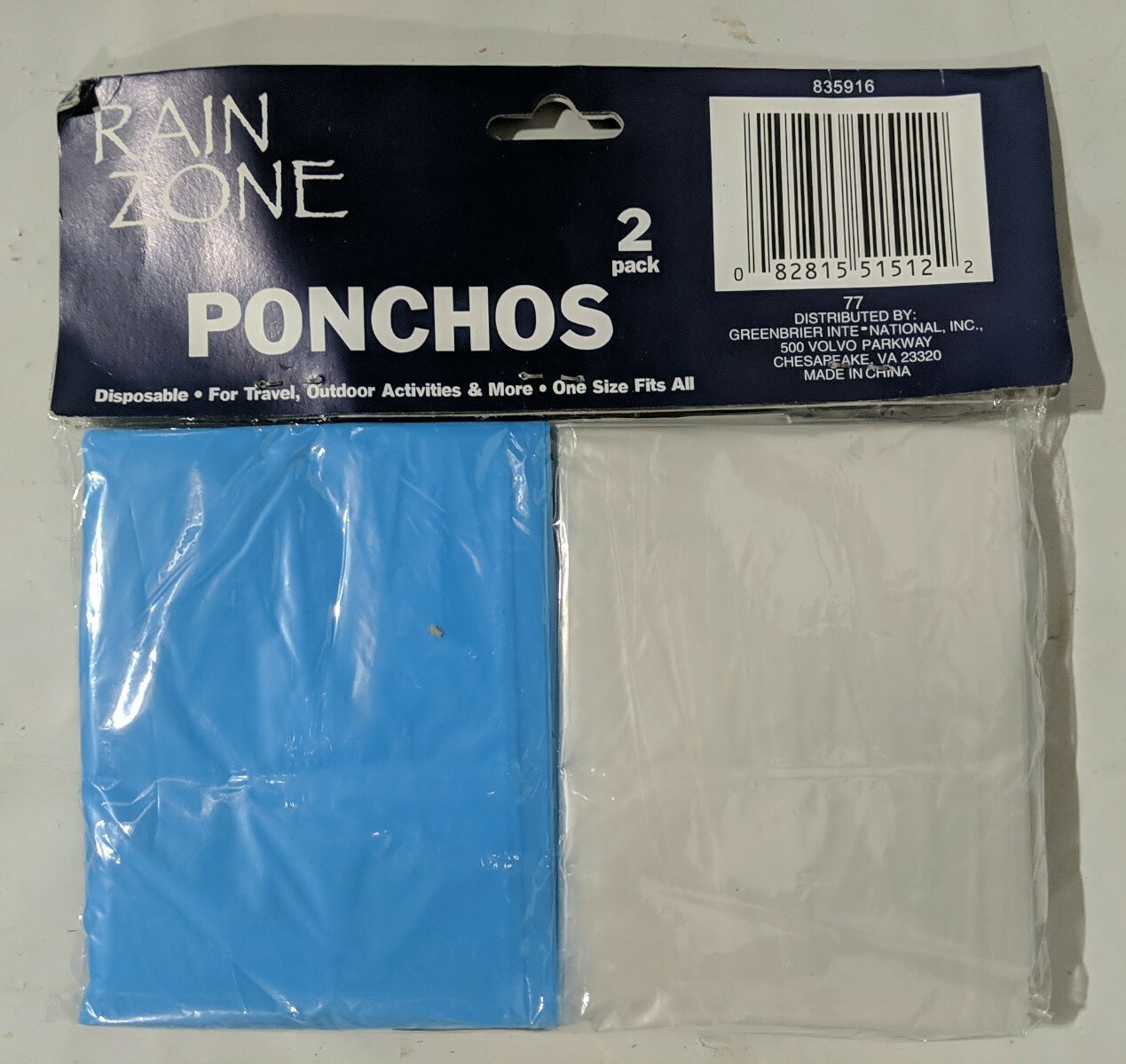 Rain Ponchos – Disposable 2 Count Package. One size fits all. Blue & White