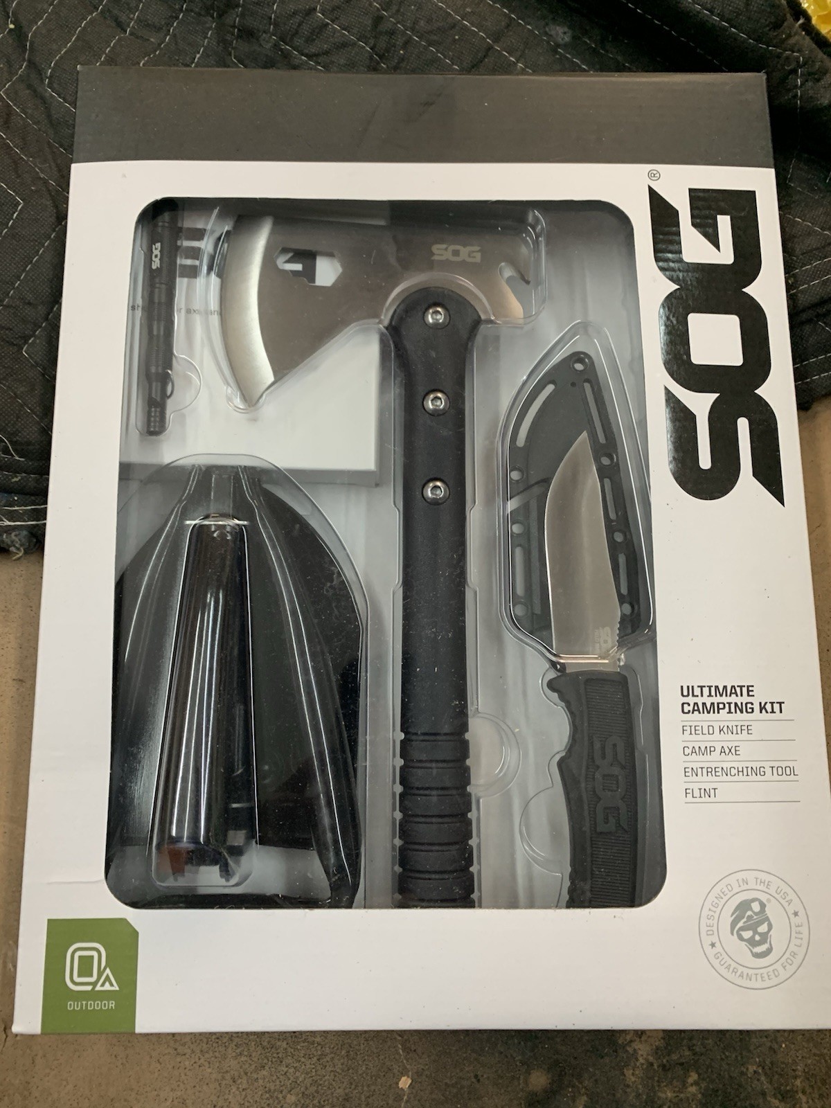 SOG Survival Kit Field Knife Camp Axe Entrenching Tool Flint Lightweight Black