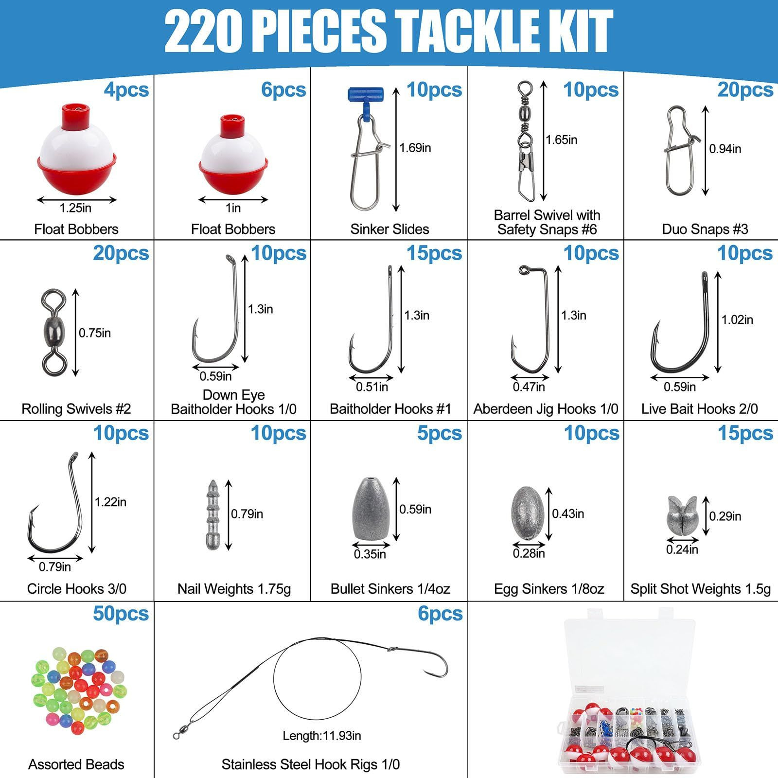 220pcs Fishing Hooks Bobbers Tackle Kit Beginners Equipment Includes Red