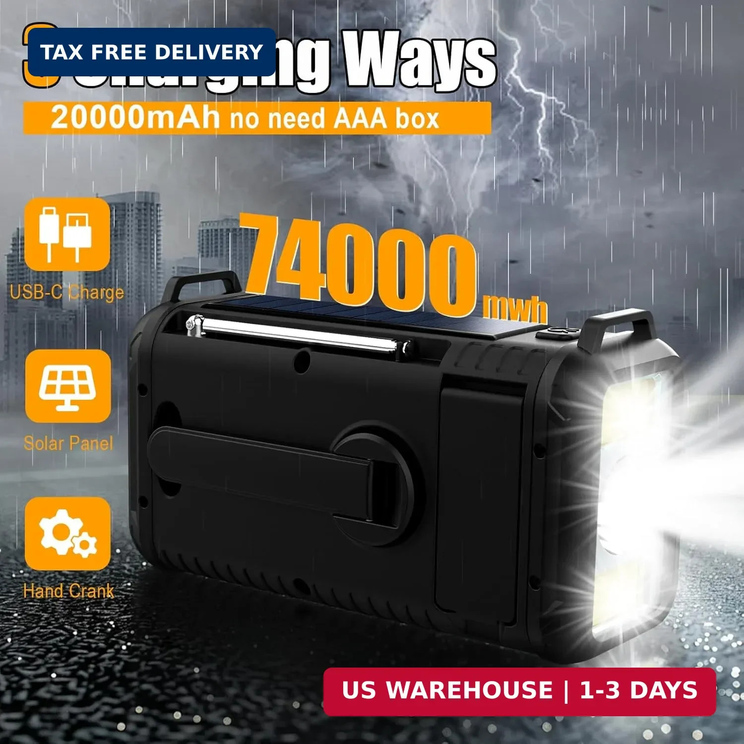 NOAA Weather Radio 20000mAh Battery Powered｜Solar Hand Crank Emergency Radio AM/