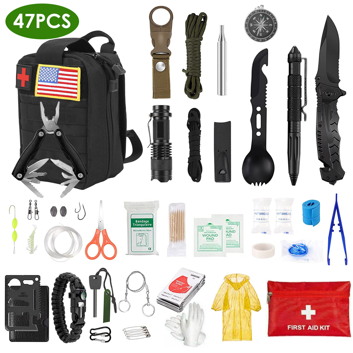 New 47-Piece Emergency Survival Kit – Gear and First Aid for Hiking and Camping
