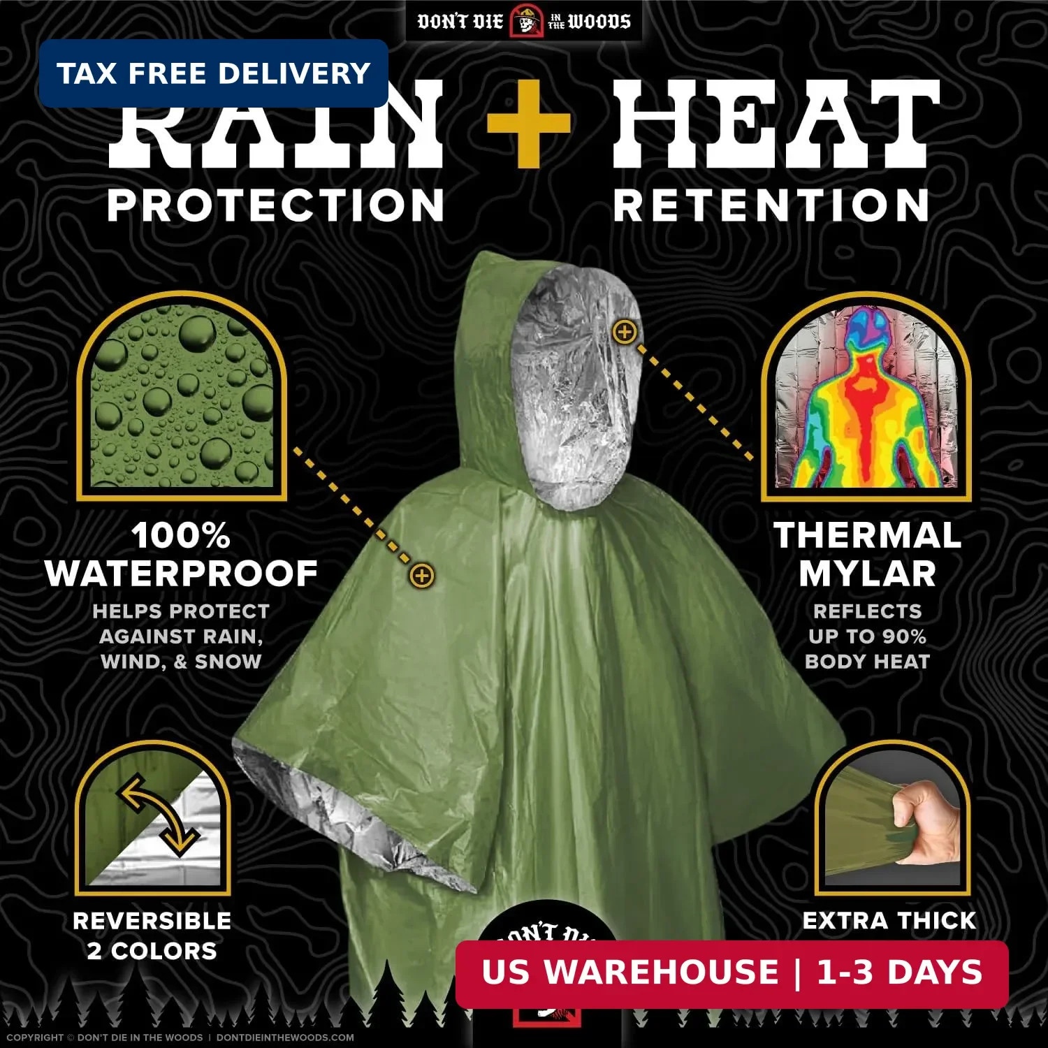 Don’t Die In The Woods – Rain + Heat Emergency Poncho – Wearable Mylar Space Bla