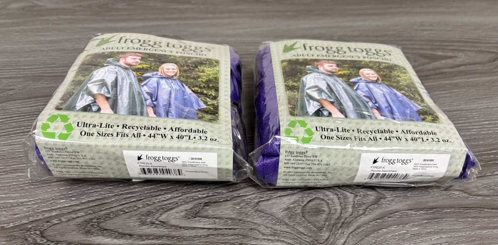 2 X Frogg Toggs Adult Emergency Poncho Purple One Size Fits All 44″W x 40″L NWT