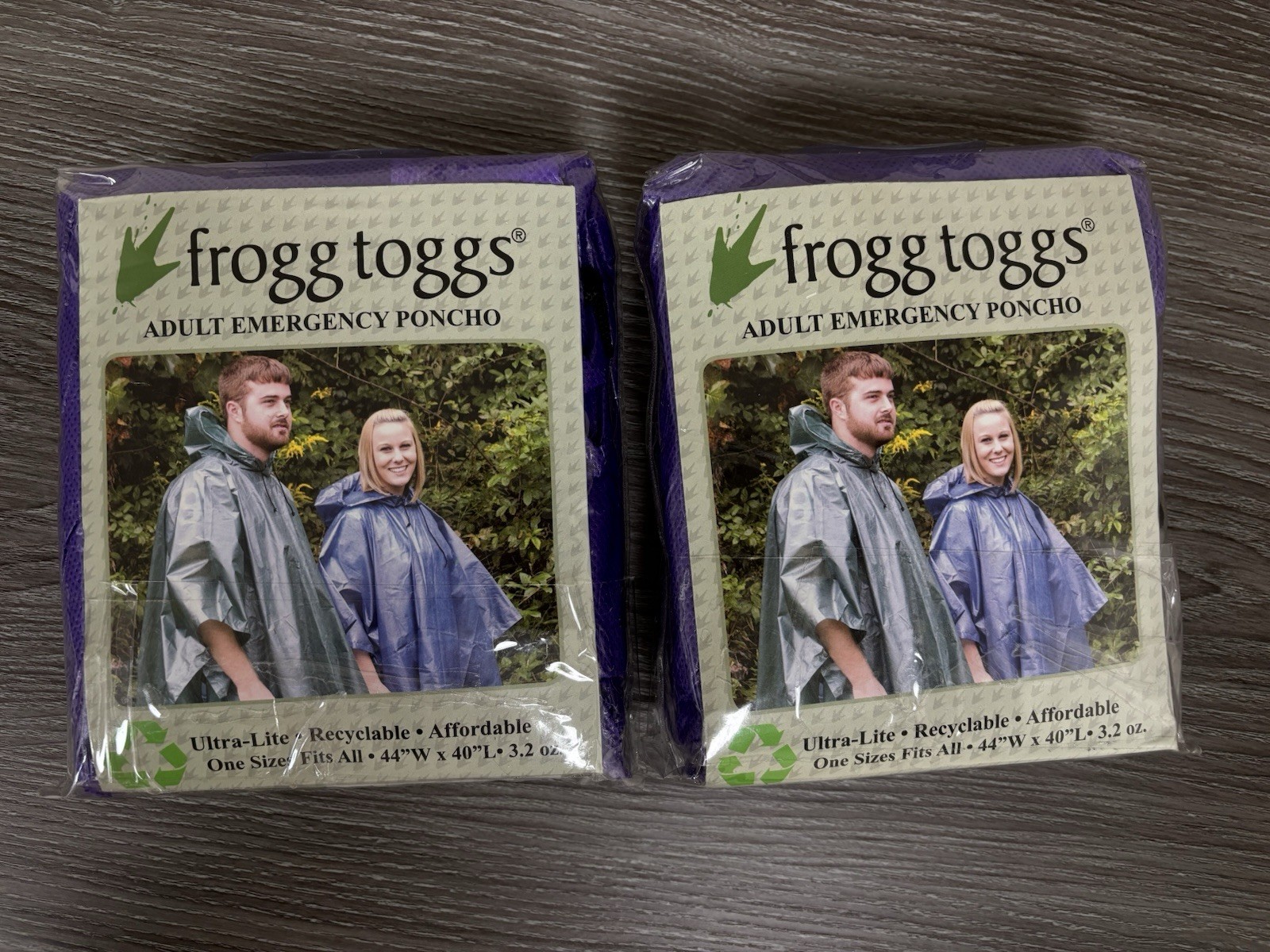 2 X Frogg Toggs Adult Emergency Poncho Purple One Size Fits All 44″W x 40″L NWT