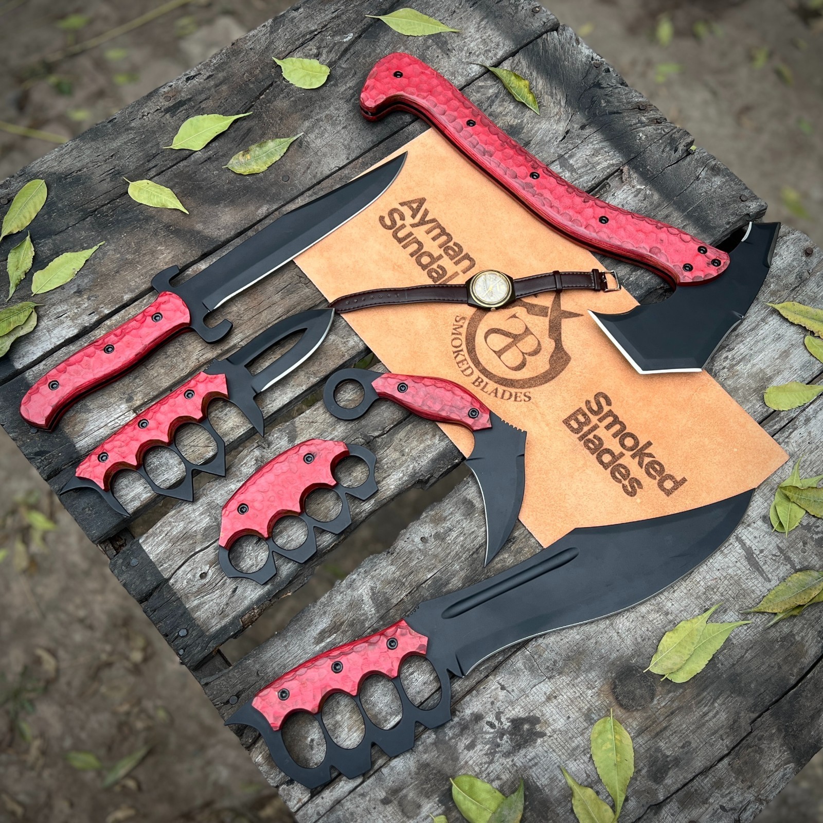 Survival Set Viking Axe Knife & Blade Decorative Display Knives with Red Handles