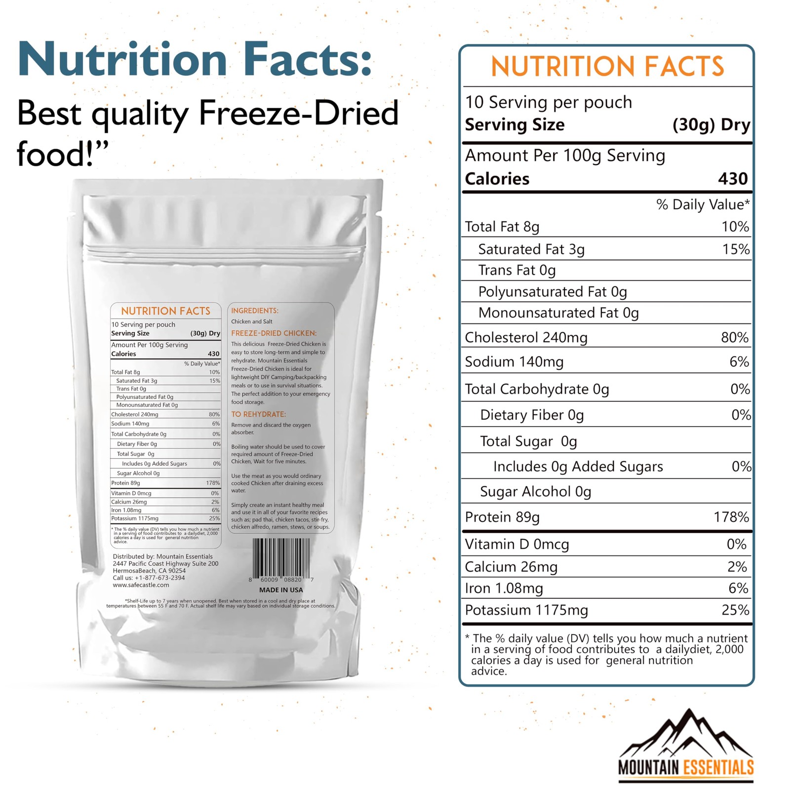 MOUNTAIN ESSENTIALS Freeze-Dried Diced Chicken – Fully Cooked and Pack of 1