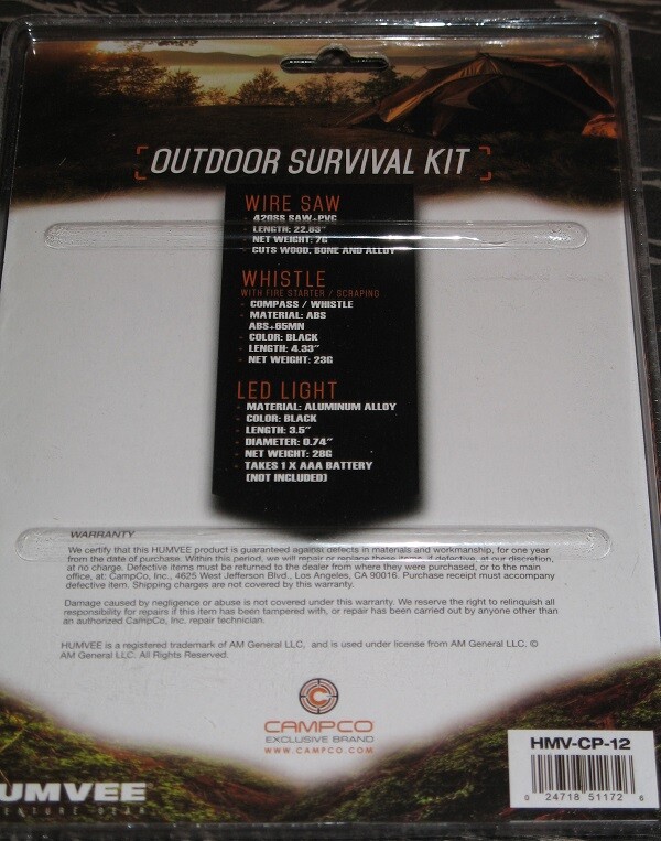 HUMVEE Brand Outdoor Survival Kit LED light whistle wire saw fire starter + more