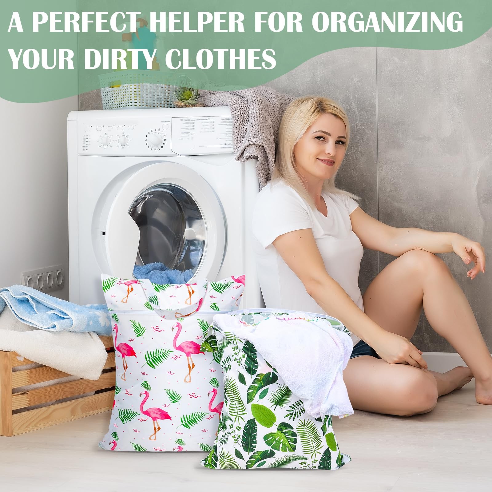 2 Pcs Large Travel Laundry Bags – Waterproof with Large, Green Leaf +Flamingo