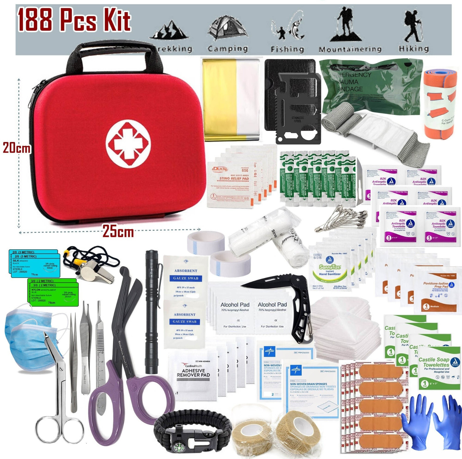 188 Piece Compact First Aid Kit – Hard Shell Case for Hiking, Camping, Car, Home