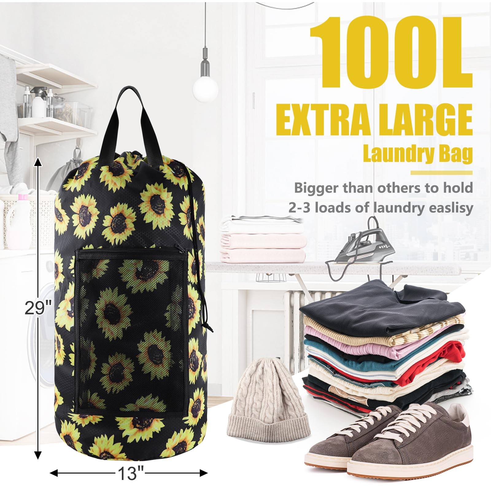 Olosar Laundry Bag Backpack, Extra Large Travel 1Pack, Sunflower