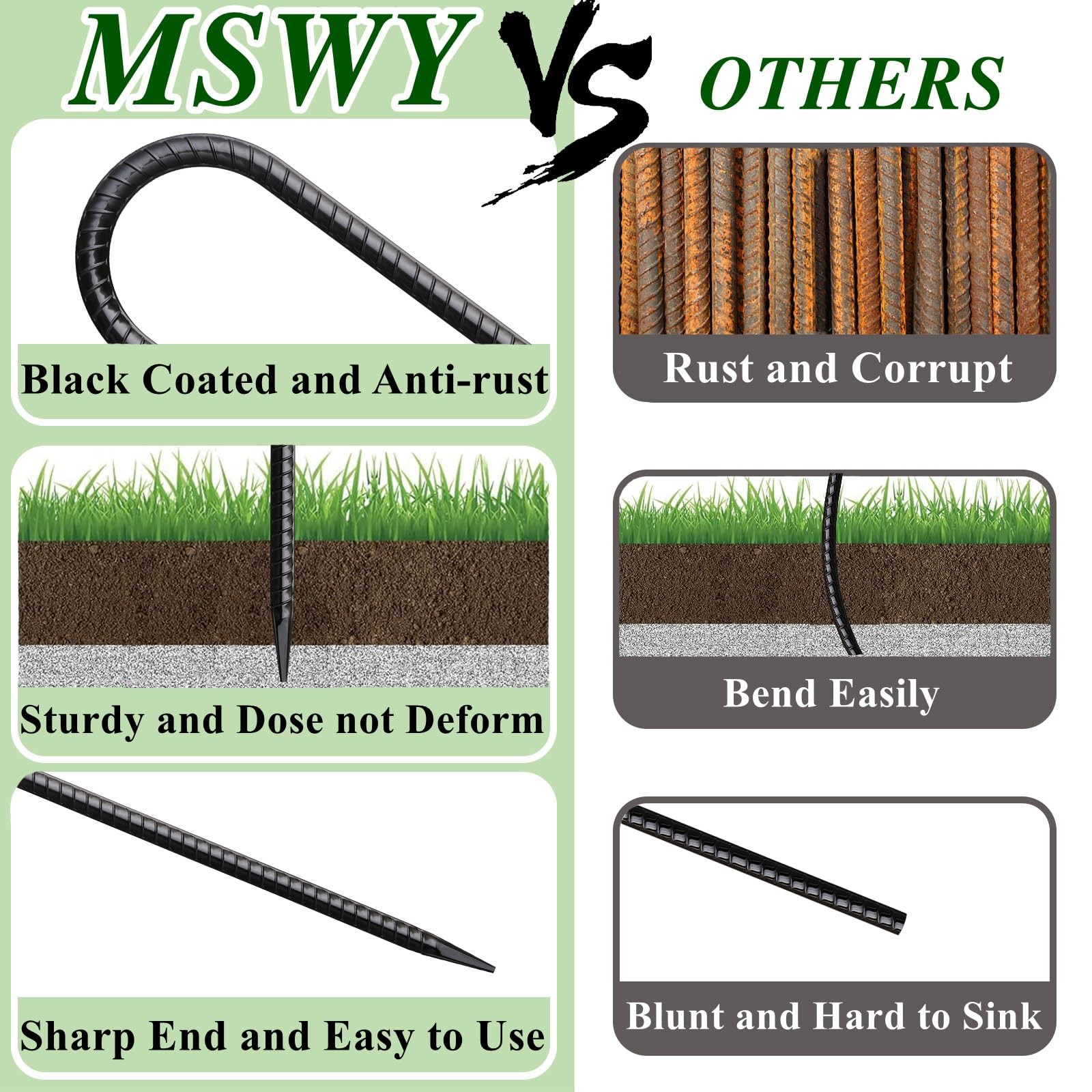 MSWY 12 Inch Rebar Stakes 50 Pack J Hook Ground J-12″x5/16″-50pcs, Black
