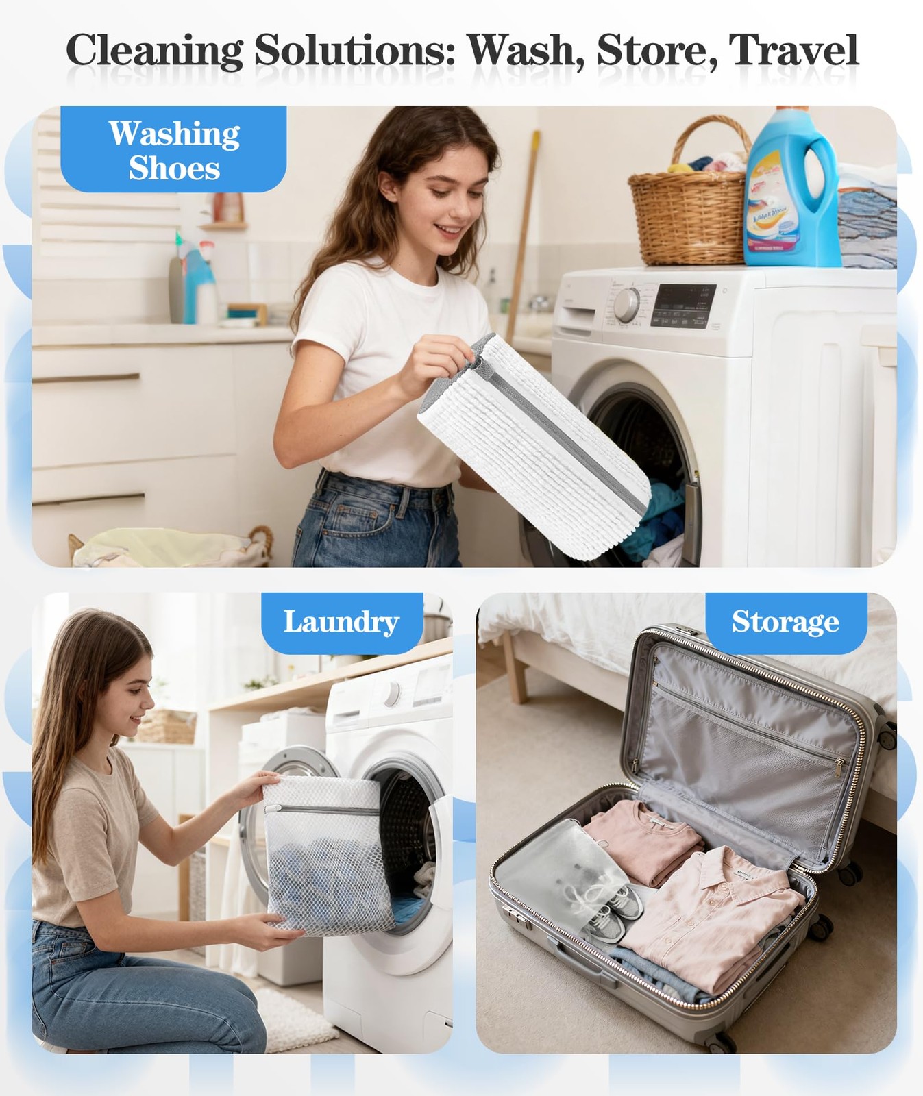 3-IN-1 Laundry & Shoe Washing Machine Bag Kit Large, White 2PC + 5 Free Gifts