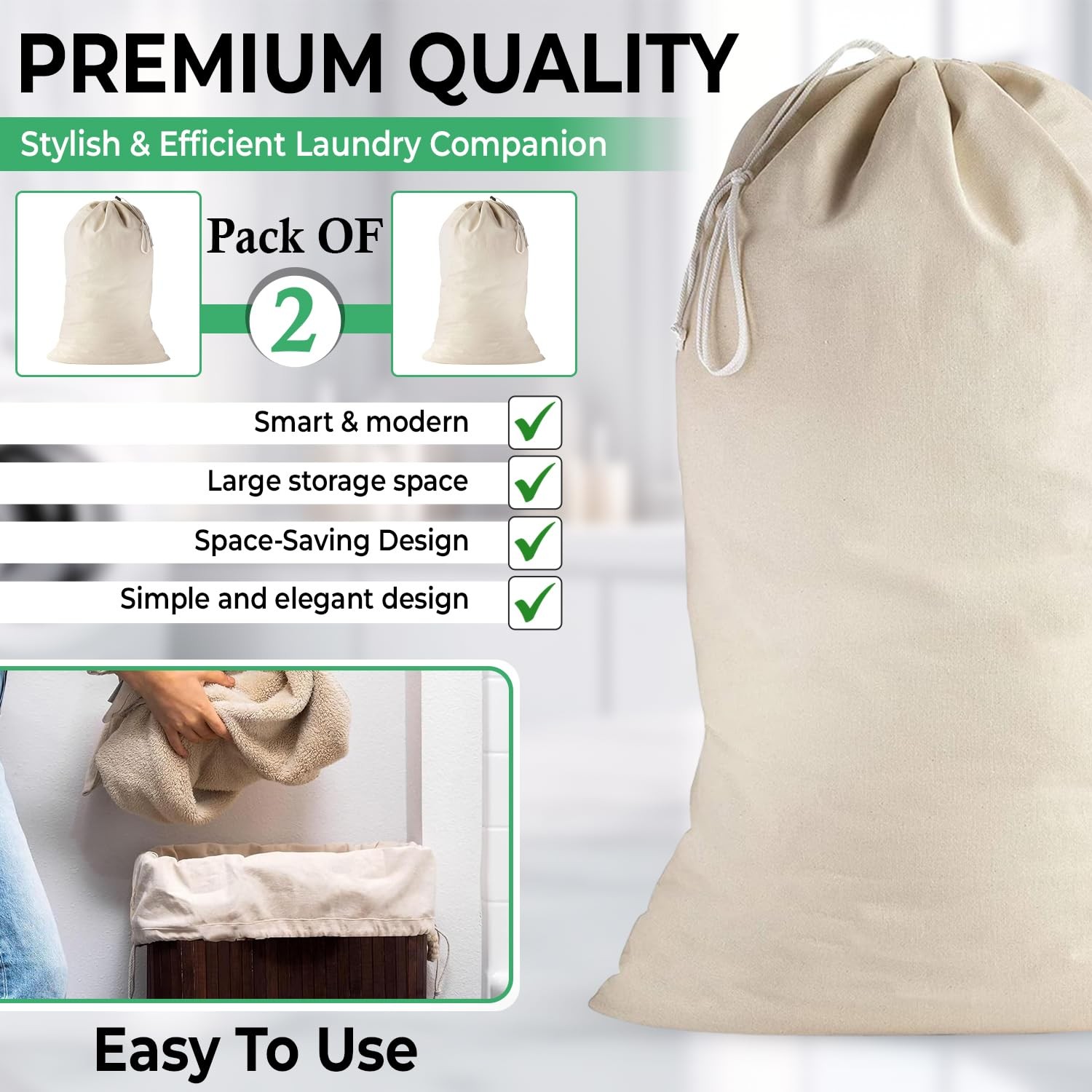 Large Cotton Laundry Bags 24×36 Inch with Drawstring, Heavy Pack of 2, Beige