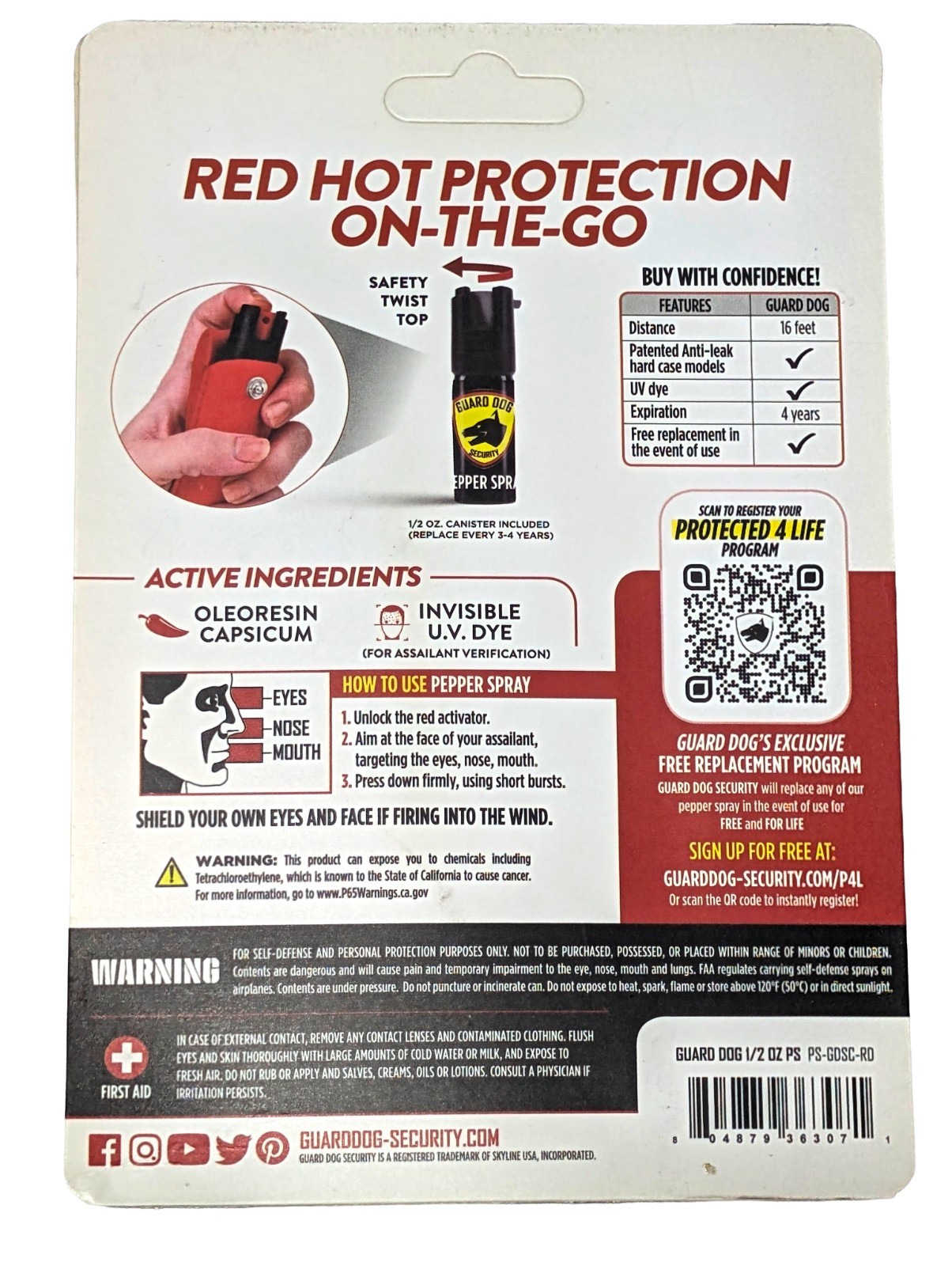 Guard Dog Red Stylish Keychain Pepper Spray 0.5oz Self Defense UV Dye 16ft Spray
