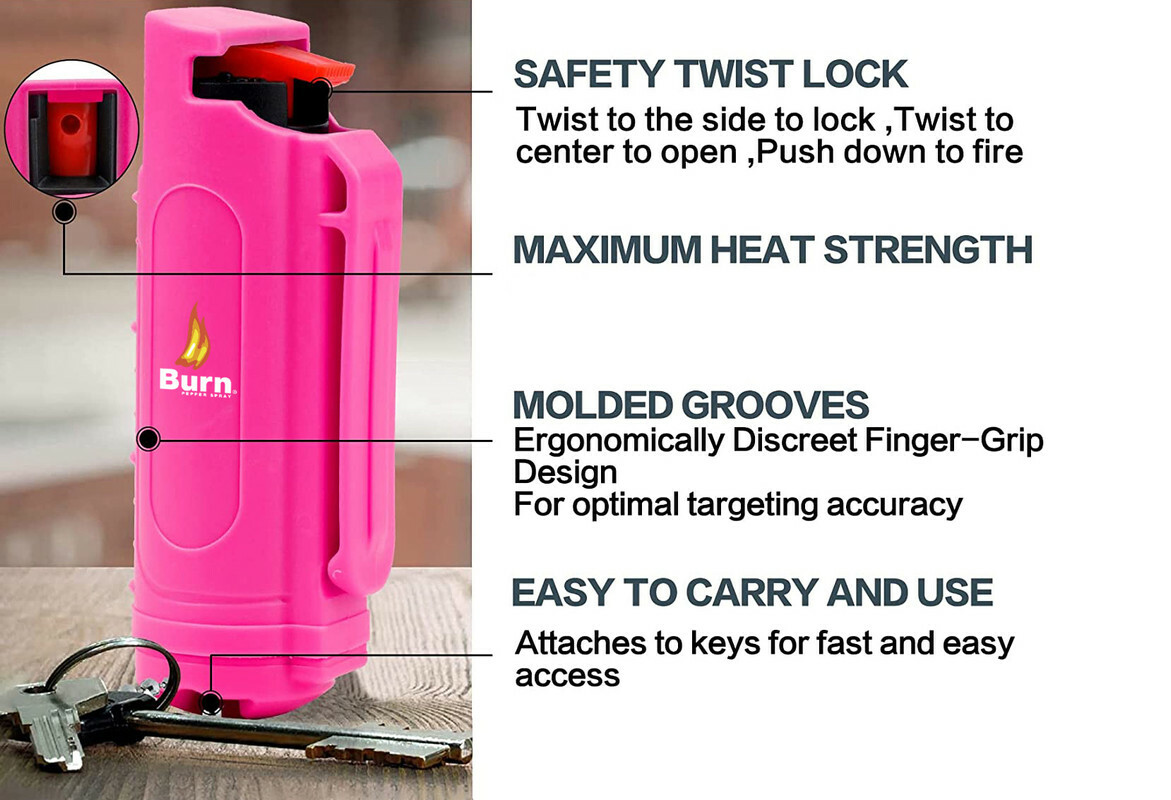 BURN Pepper Spray Keychain Self Defense 1/2oz Pink Security Case Molded – 2 PACK