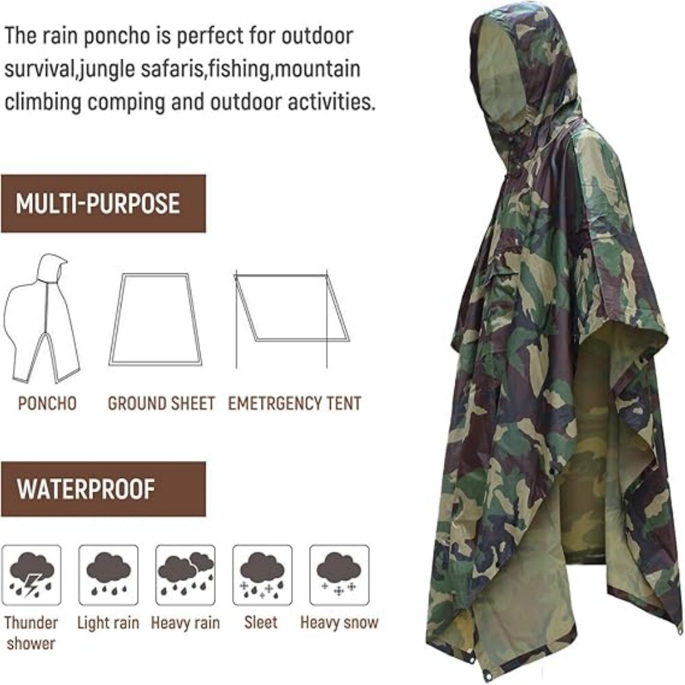 Rain Cover Waterproof Hooded US-Army Style Military Army Poncho Cape Rain Coat
