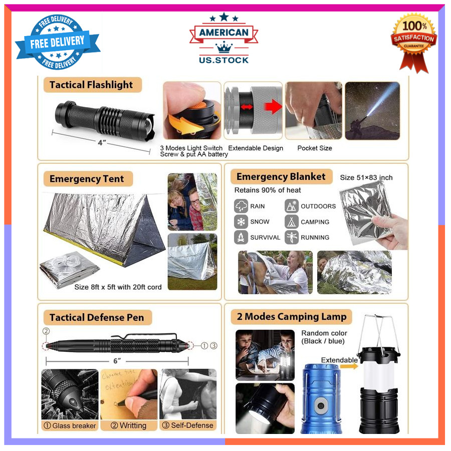 250Pcs Survival Kit First Aid Kit with Emergency Tent Molle Bag for Camping Gear