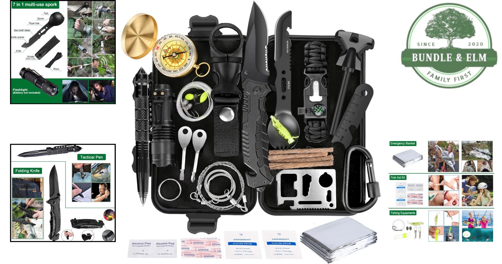 35 in 1 Survival Kit with Essential Tools for Camping, Hiking and Fishing