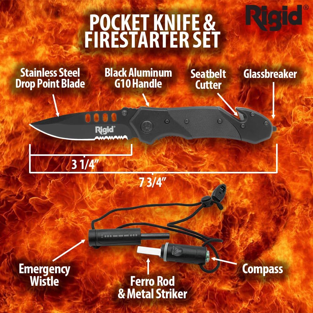 Rigid Pocket Knife and Fire Starter Survival Set | Integrated Compass & Whistle
