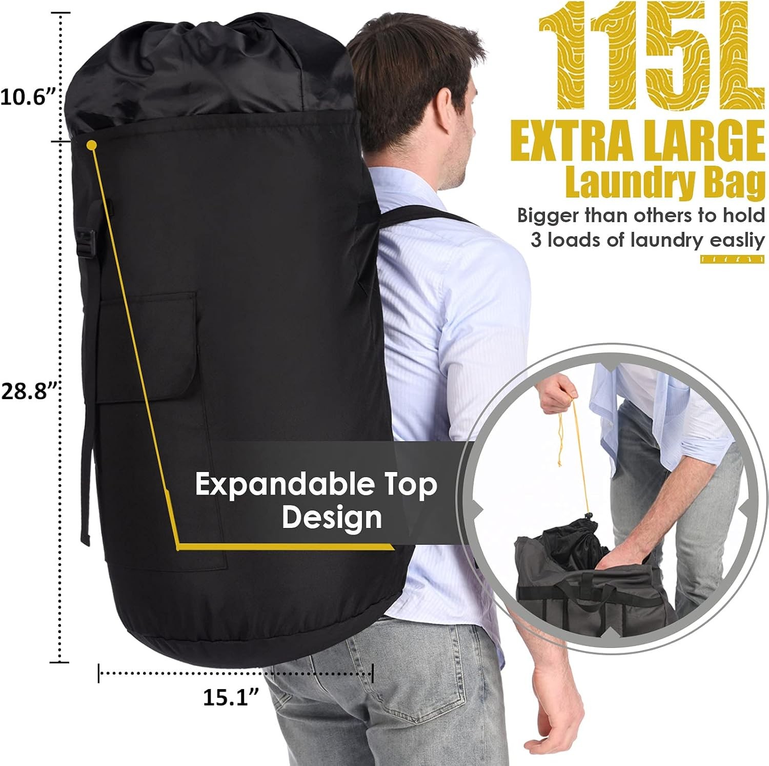 Backpack Laundry Bag, 115L Heavy Duty 15″ x 40″, Black Bag