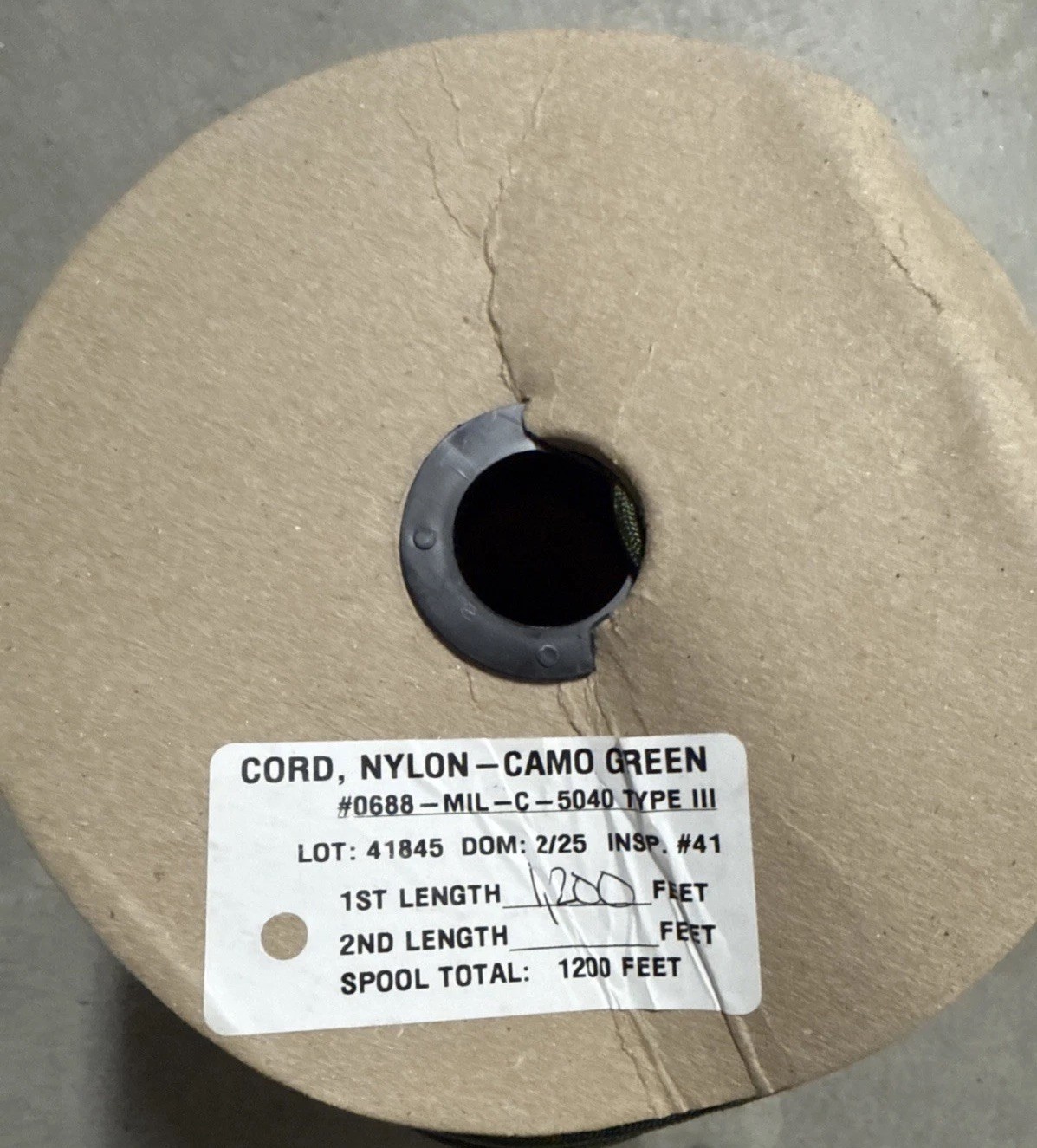 Ability One Nylon Utility Rope Cord Spool, 1200 ft, 3/16 in Dia, Camo Green