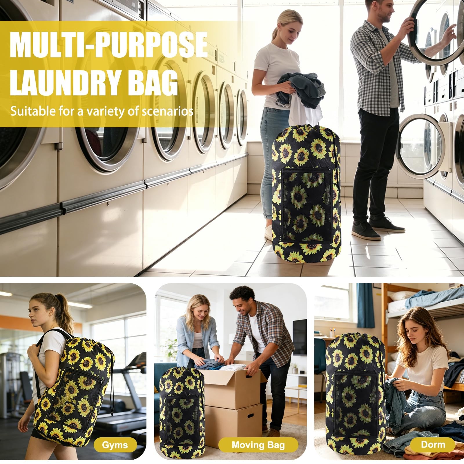 Olosar Laundry Bag Backpack, Extra Large Travel 1Pack, Sunflower
