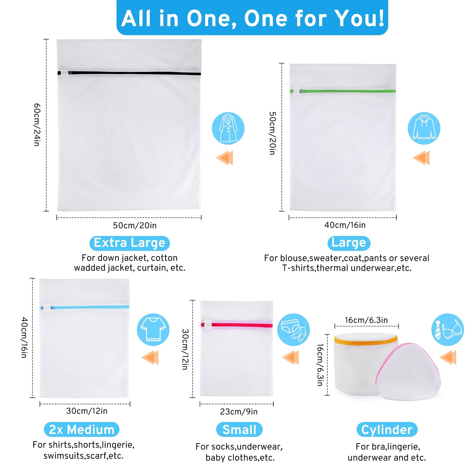 Ultimate 7 Pack 6 Size Mesh 1*XL+1*L+2*M+1*S+2*Bra Bags_Fine Mesh, White