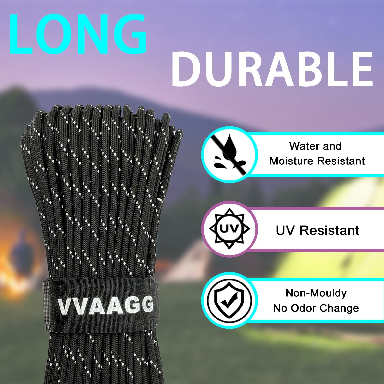 VVAAGG Reflective Paracord Rope 100FT, 7 Strand Nylon para Cord Black