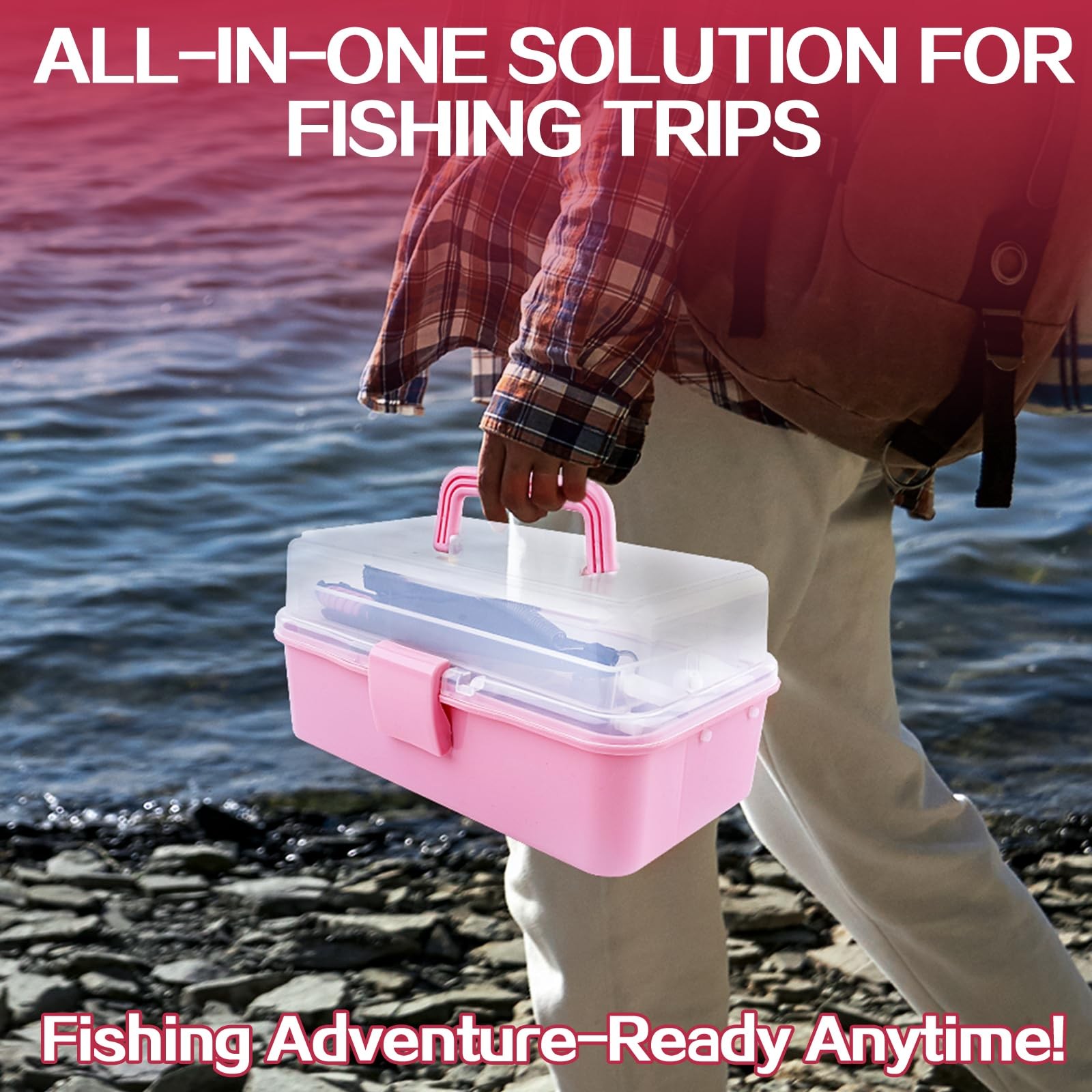 3-Layer Pink Fishing Tackle Box with Included, Tools Kit