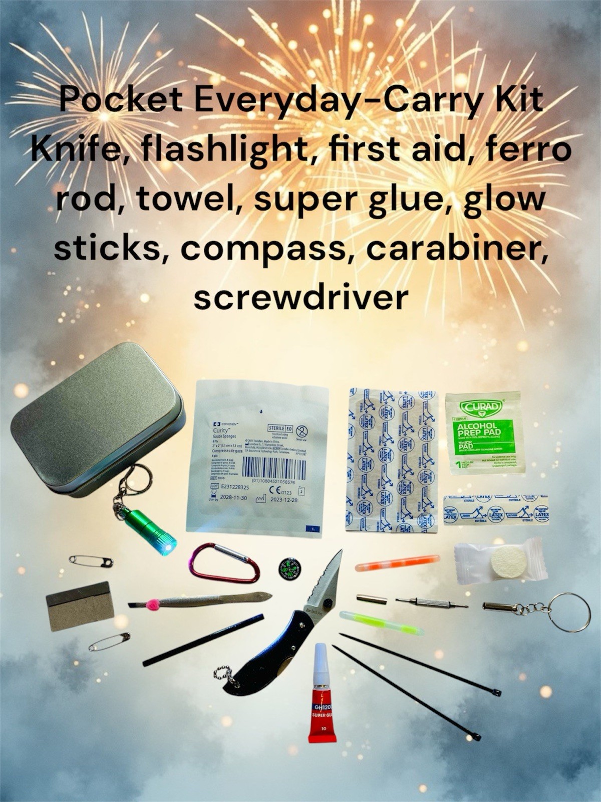 Everyday-carry Pocket Survival Kit: Knife, Flashlight, First-aid, Fire Starter