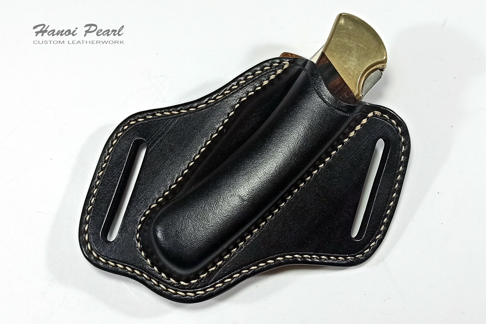 Custom Black 45 Degree Canted Leather Sheath for Buck 110 Folding Hunter