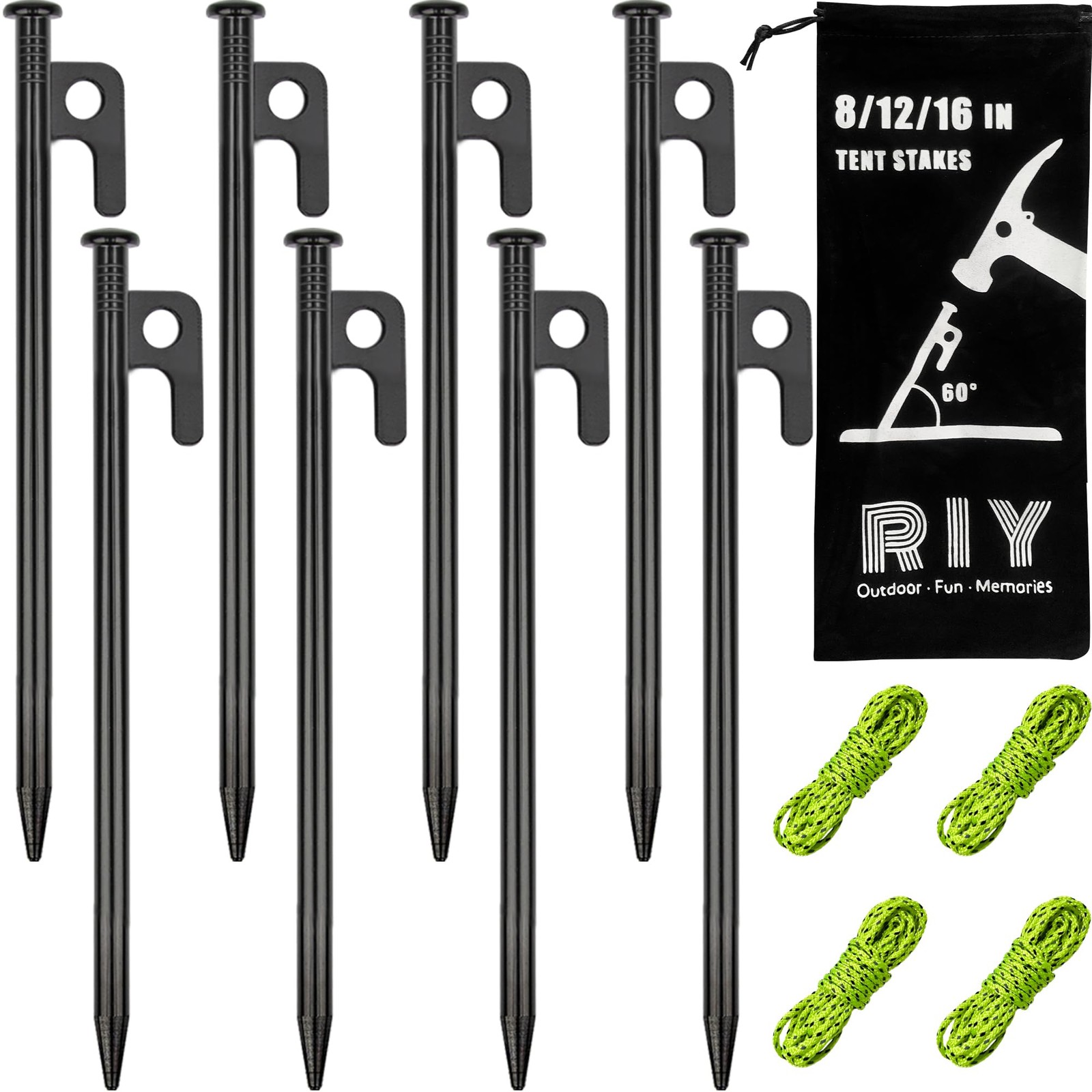 8 Pack Tent Stakes Heavy Duty Metal Pegs for Camping Steel 8 IN, Black