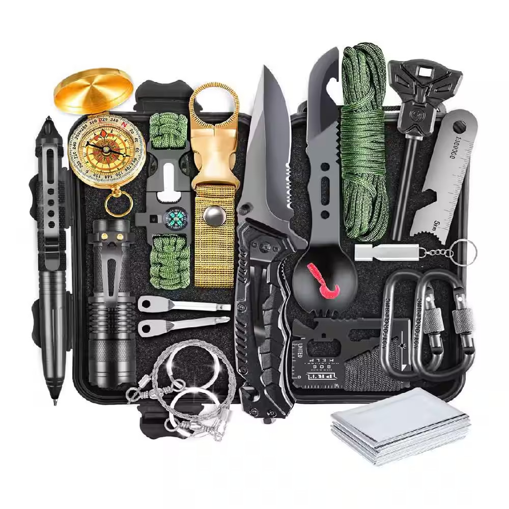 19-In-1 Black Emergency Survival Kit with Waterproof Case and Outdoor Camping Ge