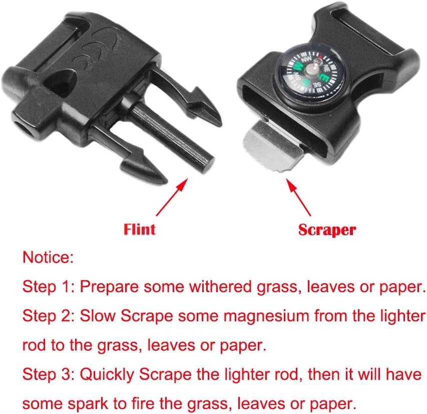 10Pcs Pack Black 5/8″ Compass Flint Scraper Fire Starter Whistle Buckle Plastic