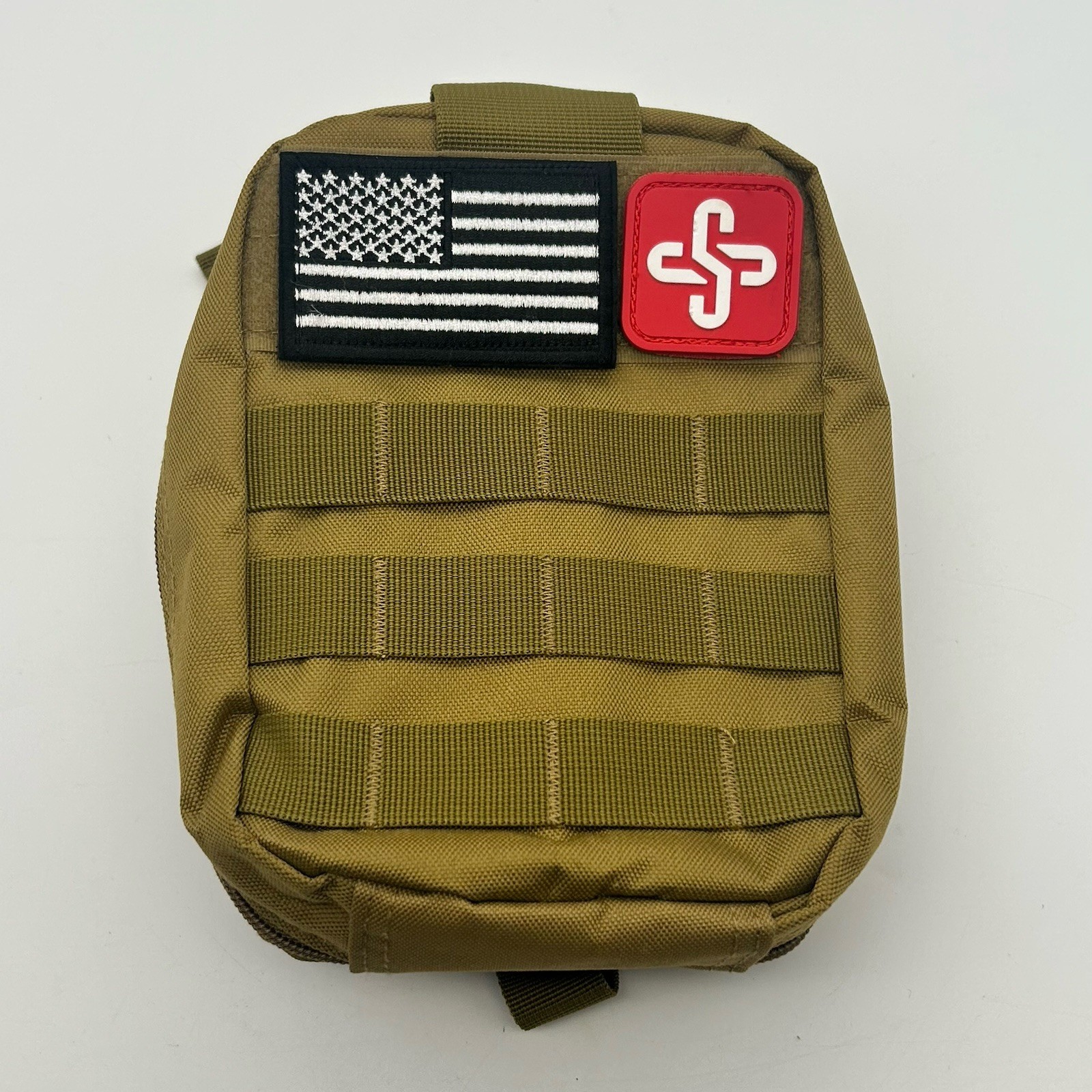 Tactical MOLLE Medical Pouch IFAK Utility Bag Tan Empty w/ Strap Patch USA Flag