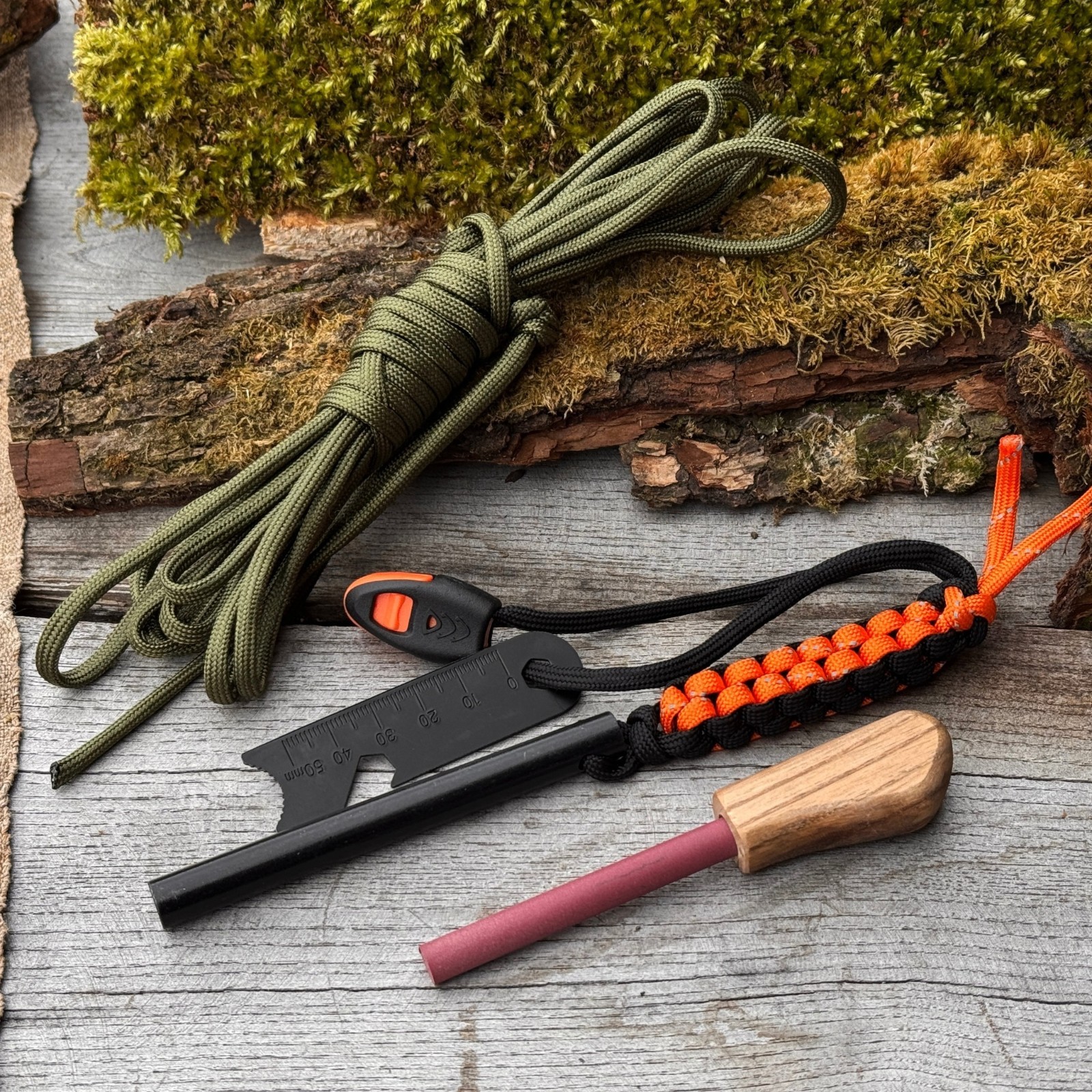 Bushcraft Survival Kit with Ferro Rod Sharpener Paracord Camping Gear Sharky