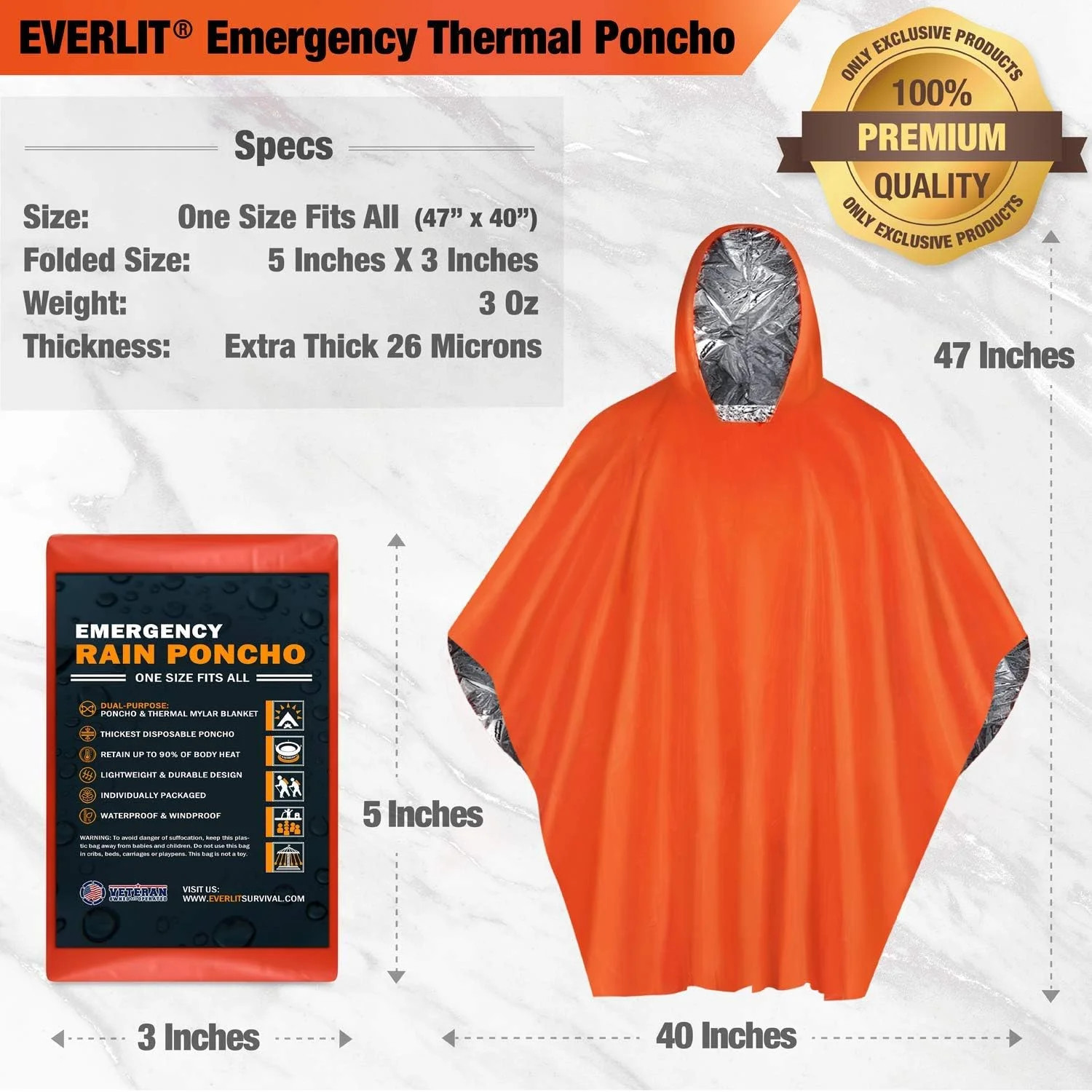 Everlit Survival Rain Poncho Emergency Mylar Space Blanket Camping Gear-Retain 9