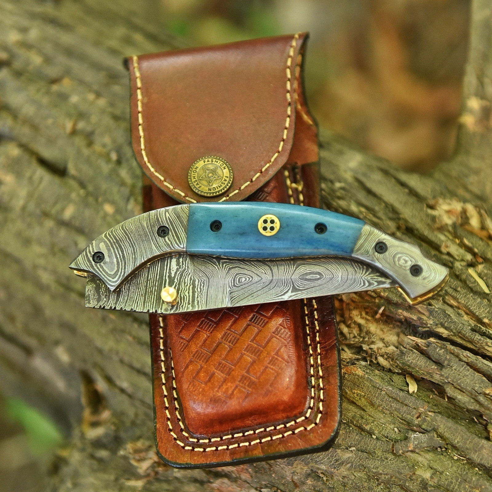 USA Pocket Knife Damascus Folding Blade Knife Camel Bone Handle