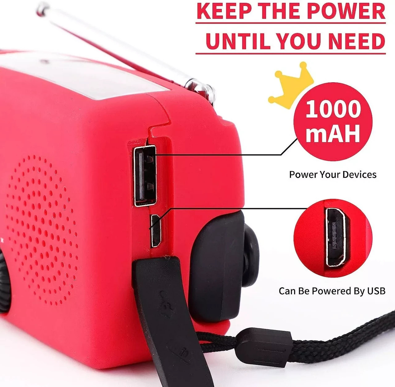 Emergency Crank Solar Power Bank Charger Flash Light Radio Hand Weather 1000mAh