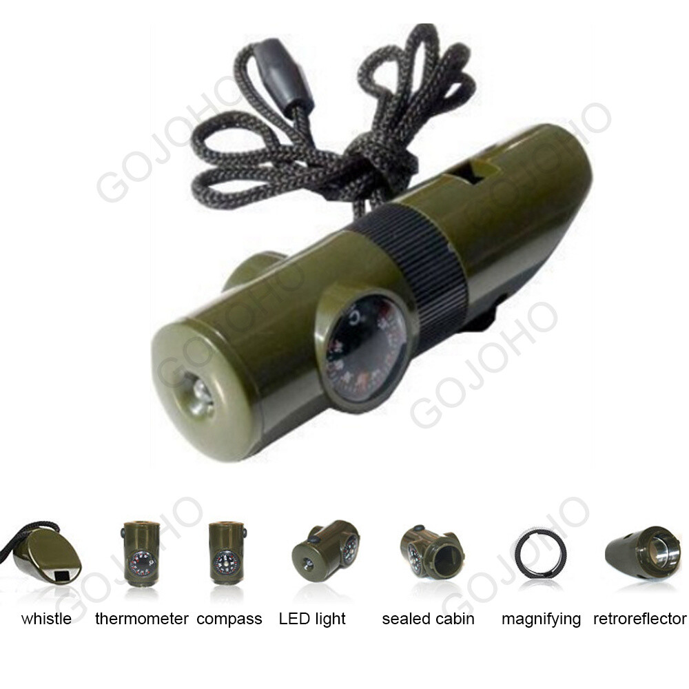 7 in 1 Military Emergency Survival Whistle Kit Compass Thermomet Tools LED Light