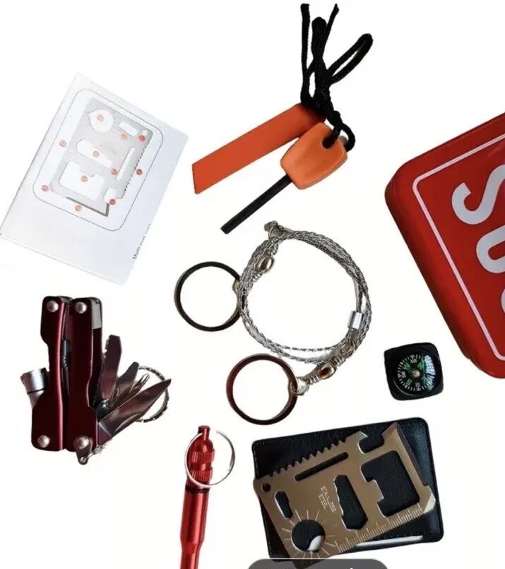 Emergency Kit tin box Multi Tools W/ Flashlight Firestarter Saw Whistle Compass