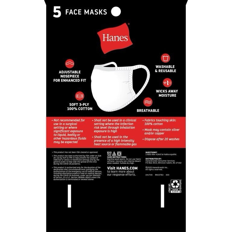 New 5 Pack Hanes Reusable PPE White Face mask, Washable soft 3-ply 100% Cotton