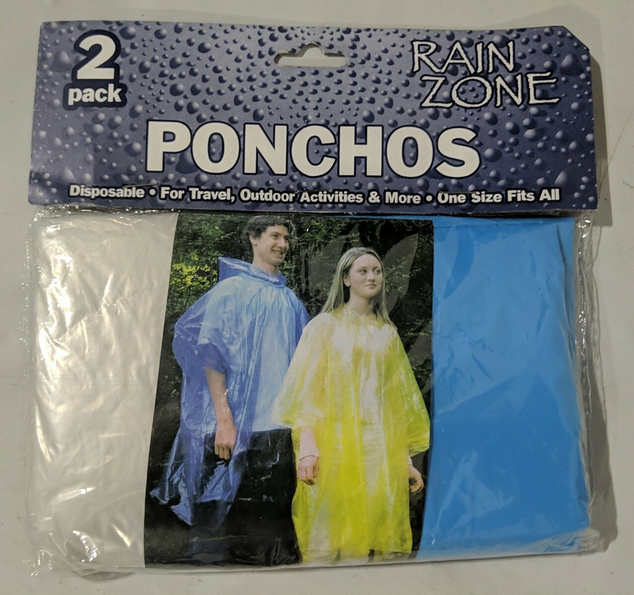 Rain Ponchos – Disposable 2 Count Package. One size fits all. Blue & White