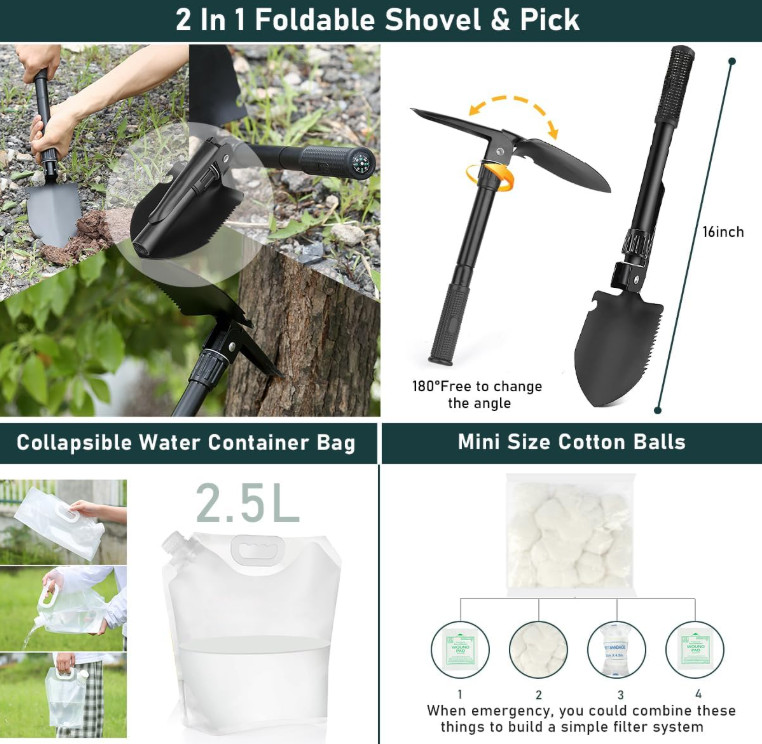 Survival Kit 262Pcs with First Aid, Tent, Axe, Shovel, Emergency Gear Bag