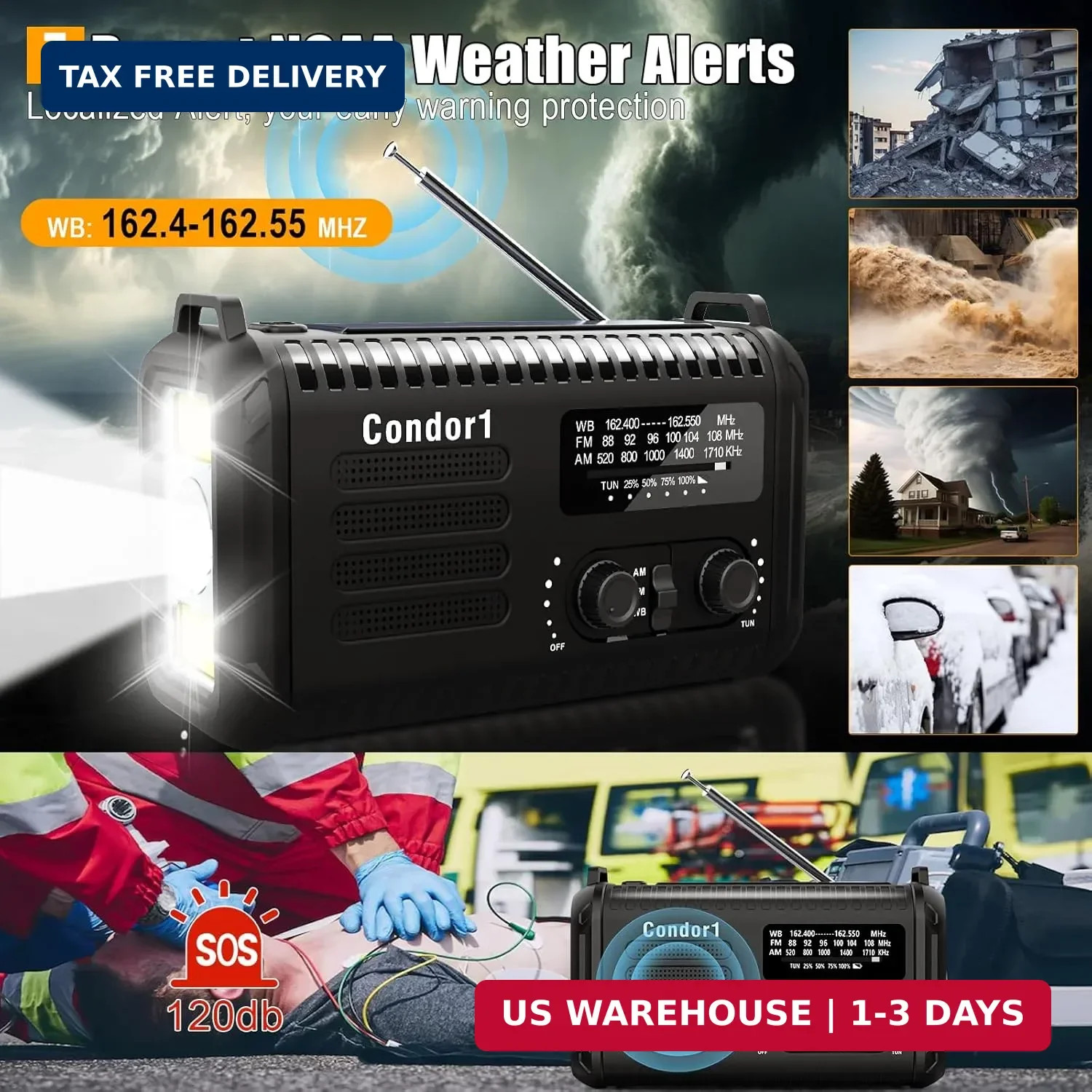 NOAA Weather Radio 20000mAh Battery Powered｜Solar Hand Crank Emergency Radio AM/
