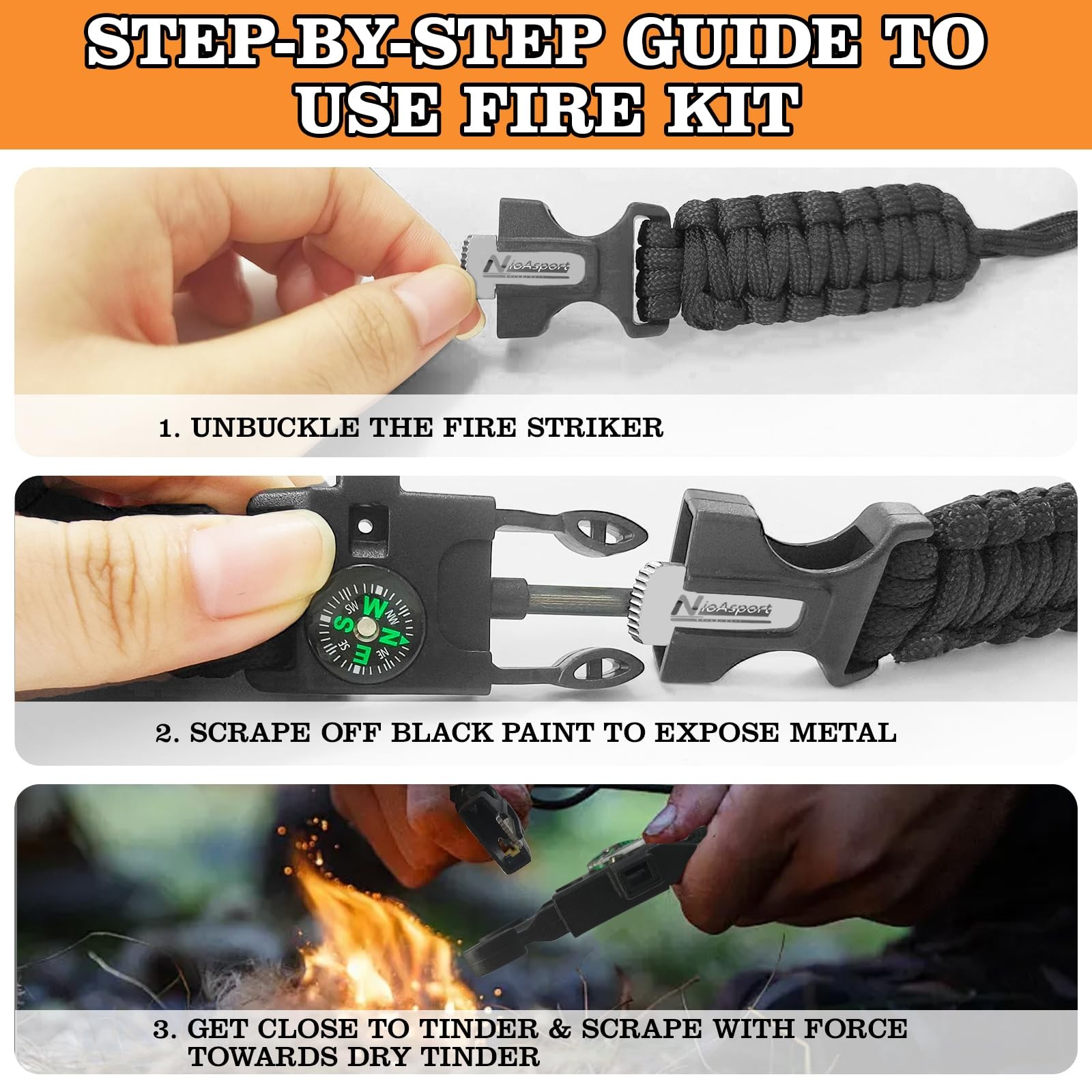 Paracord Survival Bracelet (3 Pack) – Adjustable with Fire Starter, Whistle, …