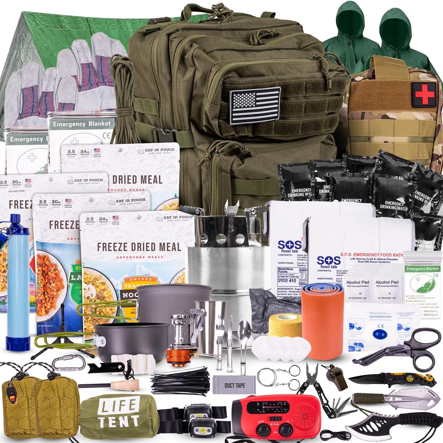 72-Hour Survival Kit | Emergency Bug Out Bag with First Aid, Water Filter, Food,